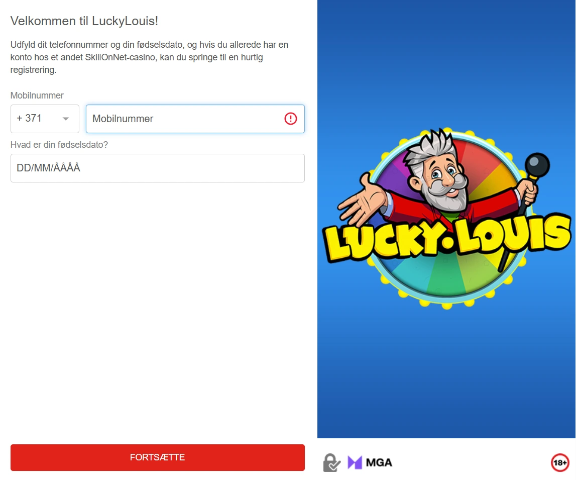 LuckyLouis dansk registreringsformular til oprettelse af konto