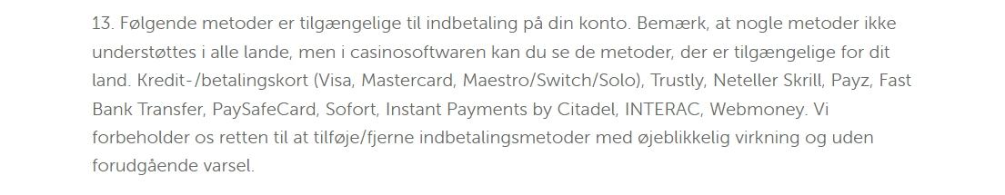 LuckyLouis cashier med betalingsmetoder for en dansk konto
