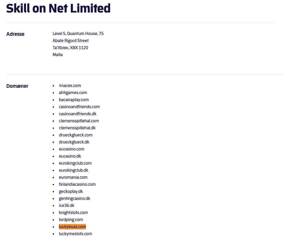 Spillemyndighedens registerside for Skill on Net Limited med luckylouis.com